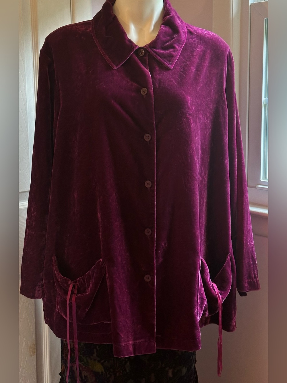 Denim&Co Purple/Pink Velvet Button-Front Tie Pockets Cardigan Sweater Sz 2X